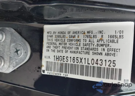 2001 Honda Civic Lx z USA, uszkodzony, nr VIN 1HGES165X1L043125